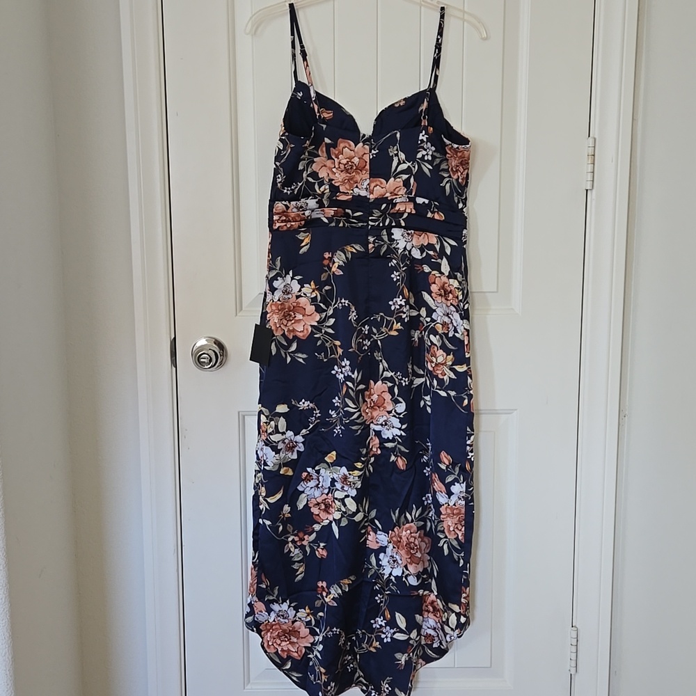 Lulus My Favorite Day Navy Blue Floral Print Satin Tulip Formal Midi Dress NEW - Picture 7 of 10